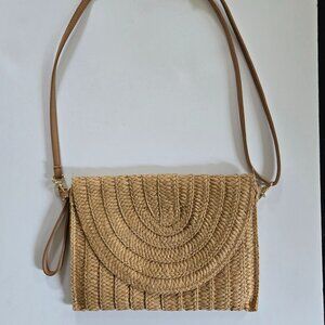 Tan Woven Rattan Crossbody Handbag